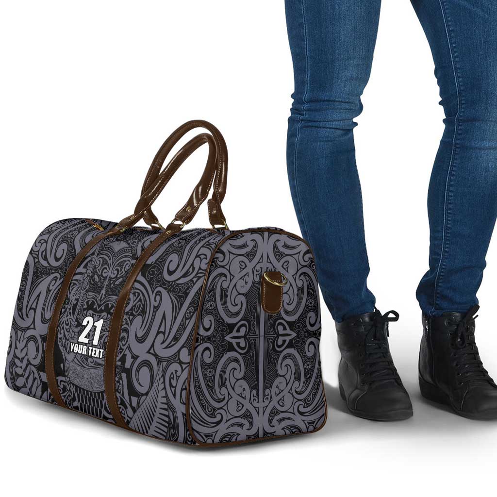 Custom New Zealand Taiaha Maori Travel Bag Minimalist Silver Fern All Black - Polynesian Pride