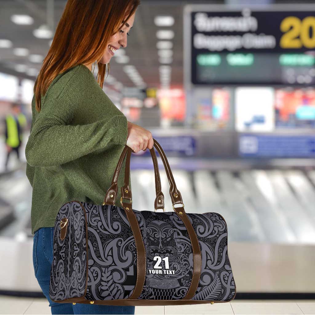 Custom New Zealand Taiaha Maori Travel Bag Minimalist Silver Fern All Black - Polynesian Pride