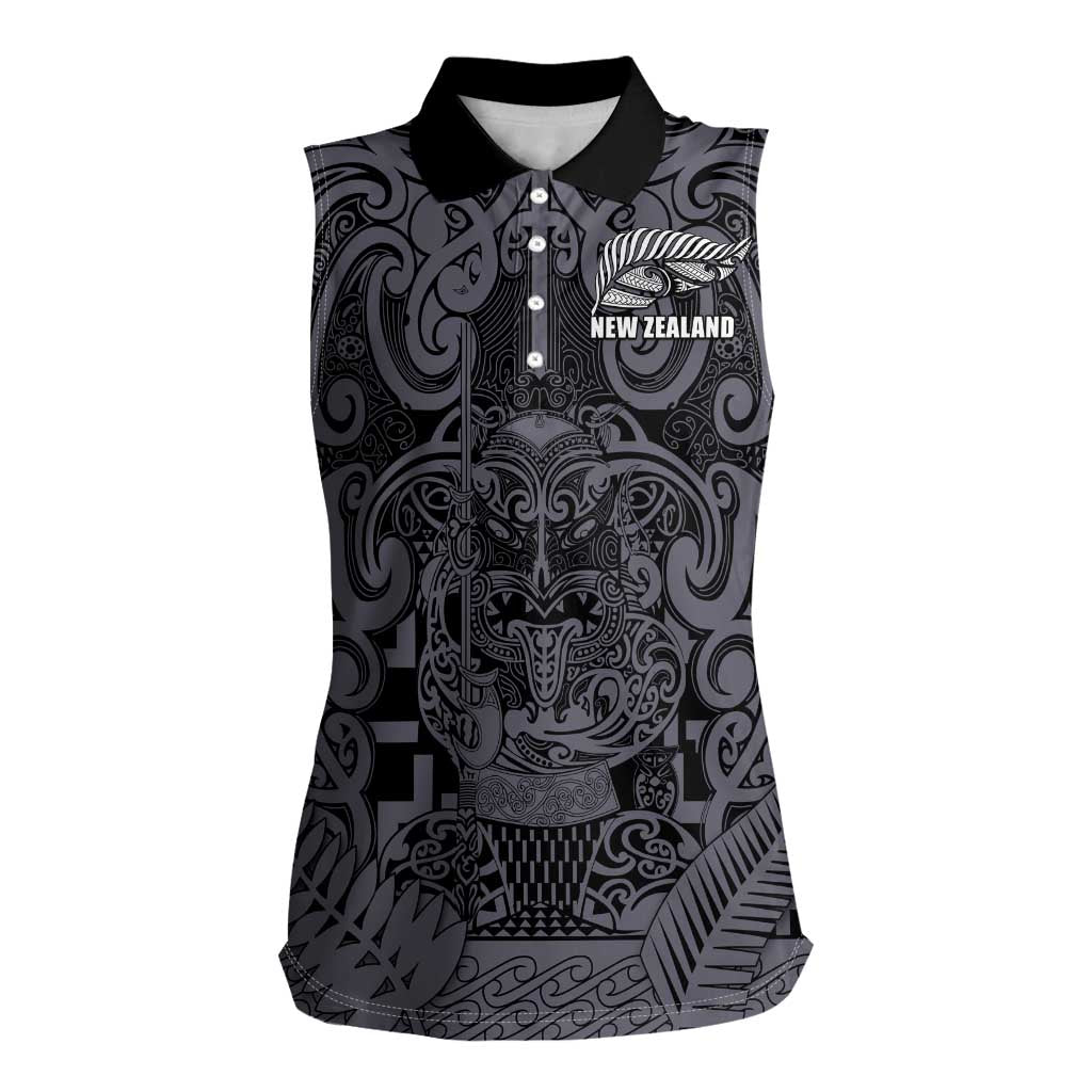 Custom New Zealand Taiaha Maori Women Sleeveless Polo Shirt Minimalist Silver Fern All Black - Polynesian Pride