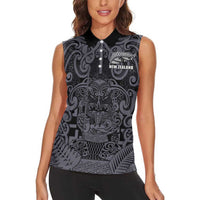Custom New Zealand Taiaha Maori Women Sleeveless Polo Shirt Minimalist Silver Fern All Black - Polynesian Pride