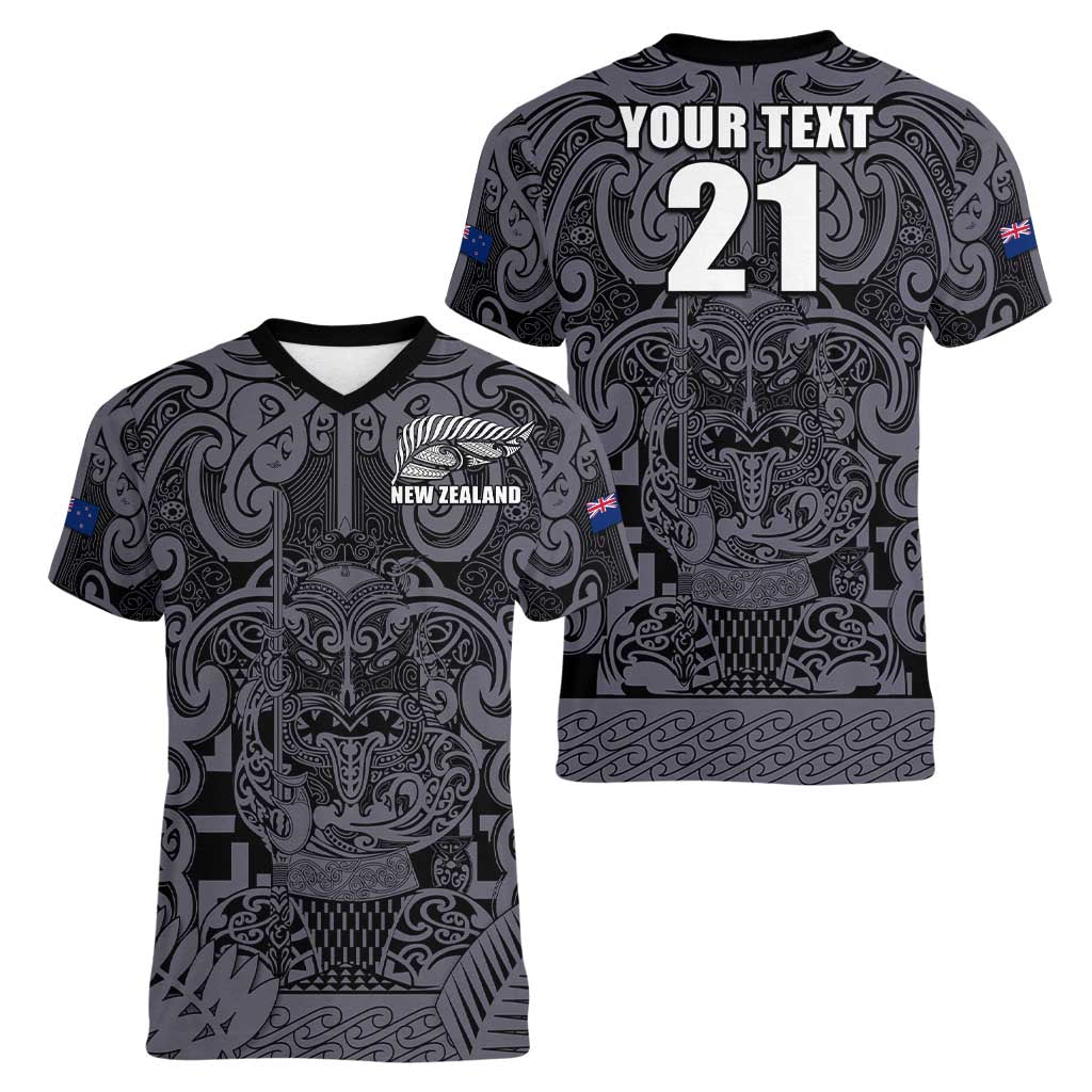 Custom New Zealand Taiaha Maori Women V-Neck T-Shirt Minimalist Silver Fern All Black - Polynesian Pride