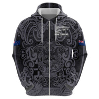 Custom New Zealand Taiaha Maori Zip Hoodie Minimalist Silver Fern All Black - Polynesian Pride