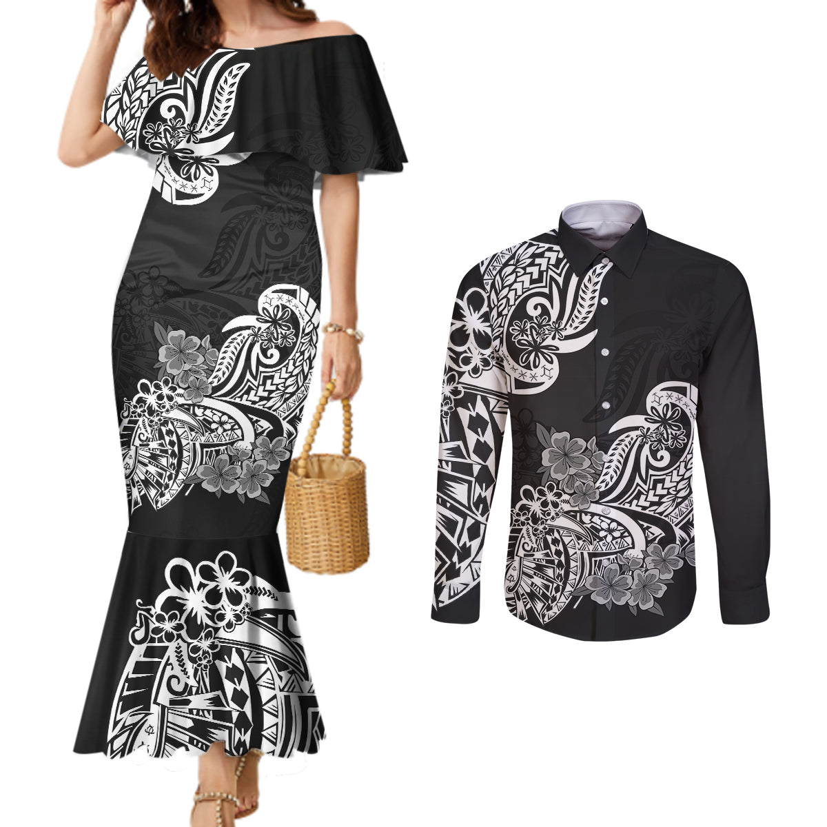 Polynesian Couples Matching Mermaid Dress and Long Sleeve Button Shirts Pacific Flower Mix Floral Tribal Tattoo Black Vibe LT9 Black - Polynesian Pride