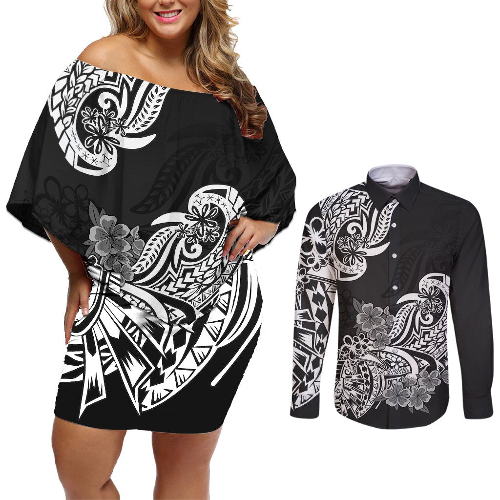 Polynesian Couples Matching Off Shoulder Short Dress and Long Sleeve Button Shirts Pacific Flower Mix Floral Tribal Tattoo Black Vibe LT9 Black - Polynesian Pride