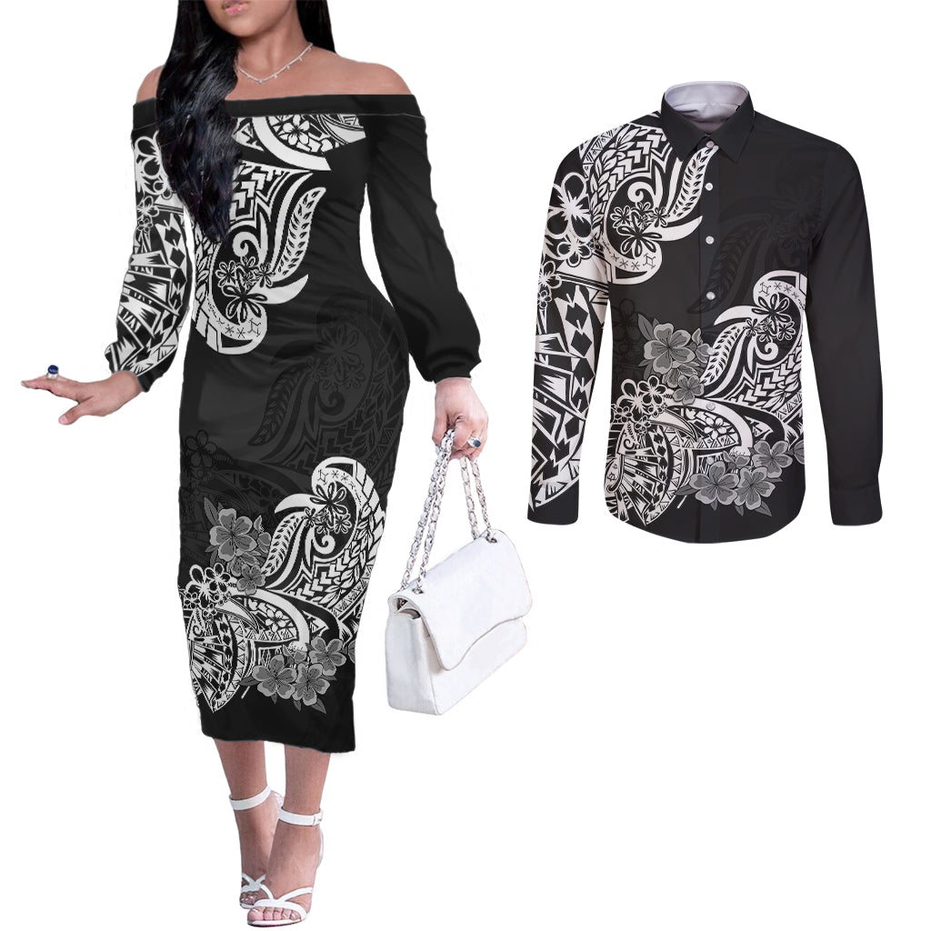 Polynesian Couples Matching Off The Shoulder Long Sleeve Dress and Long Sleeve Button Shirts Pacific Flower Mix Floral Tribal Tattoo Black Vibe LT9 Black - Polynesian Pride