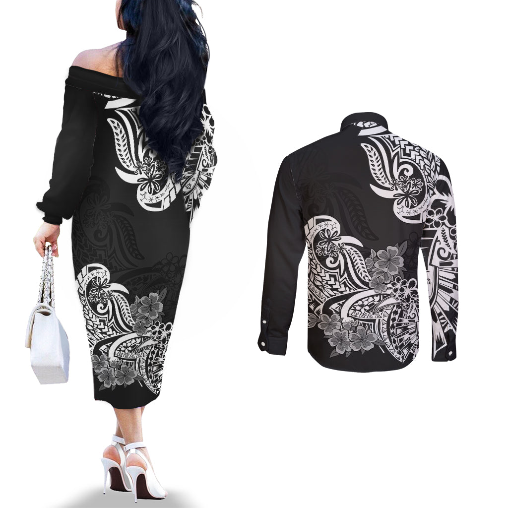 Polynesian Couples Matching Off The Shoulder Long Sleeve Dress and Long Sleeve Button Shirts Pacific Flower Mix Floral Tribal Tattoo Black Vibe LT9 - Polynesian Pride
