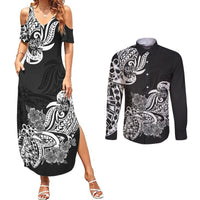 Polynesian Couples Matching Summer Maxi Dress and Long Sleeve Button Shirts Pacific Flower Mix Floral Tribal Tattoo Black Vibe LT9 Black - Polynesian Pride
