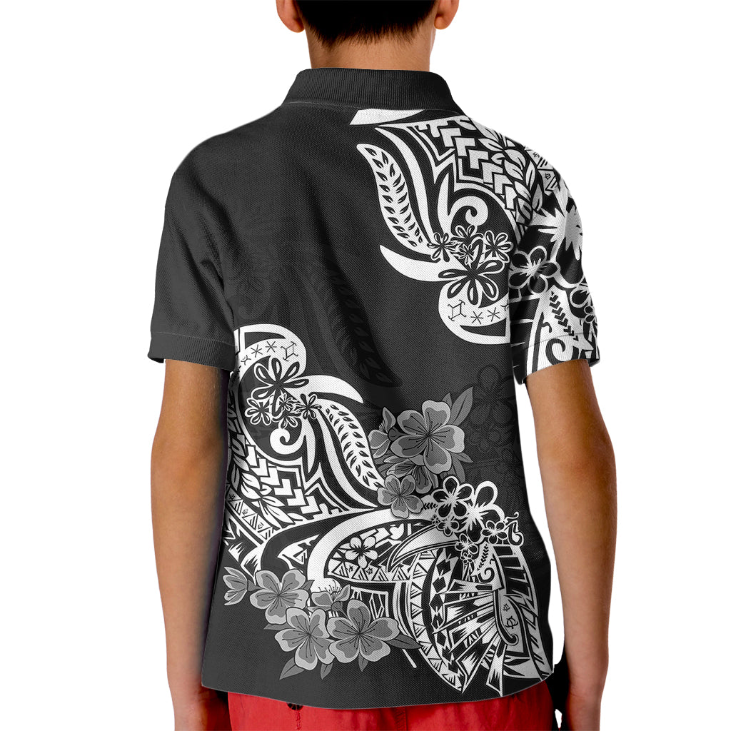 Polynesian Kid Polo Shirt Pacific Flower Mix Floral Tribal Tattoo Black Vibe LT9 - Polynesian Pride