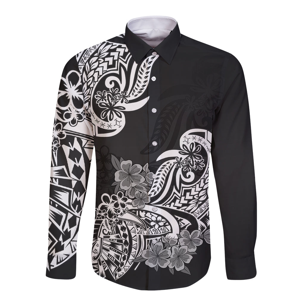 Polynesian Long Sleeve Button Shirt Pacific Flower Mix Floral Tribal Tattoo Black Vibe LT9 Unisex Black - Polynesian Pride