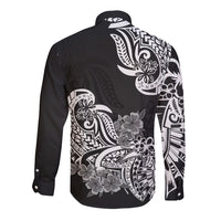 Polynesian Long Sleeve Button Shirt Pacific Flower Mix Floral Tribal Tattoo Black Vibe LT9 - Polynesian Pride