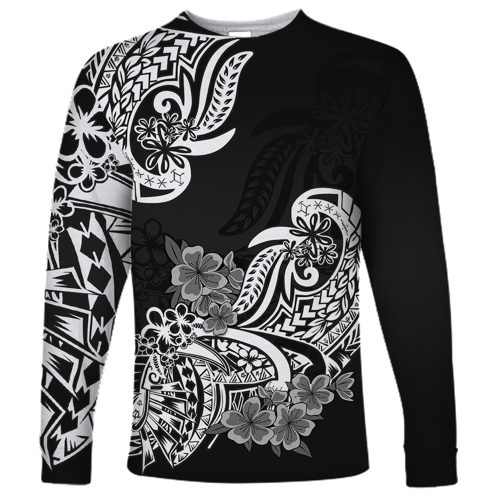 Polynesian Long Sleeve Shirt Pacific Flower Mix Floral Tribal Tattoo Black Vibe LT9 Unisex Black - Polynesian Pride