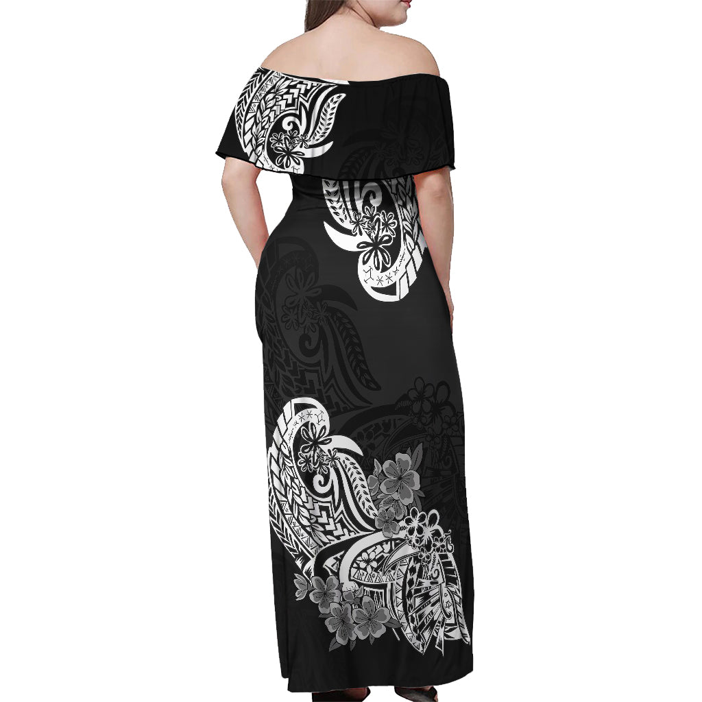 Polynesian Off Shoulder Maxi Dress Pacific Flower Mix Floral Tribal Tattoo Black Vibe LT9 - Polynesian Pride