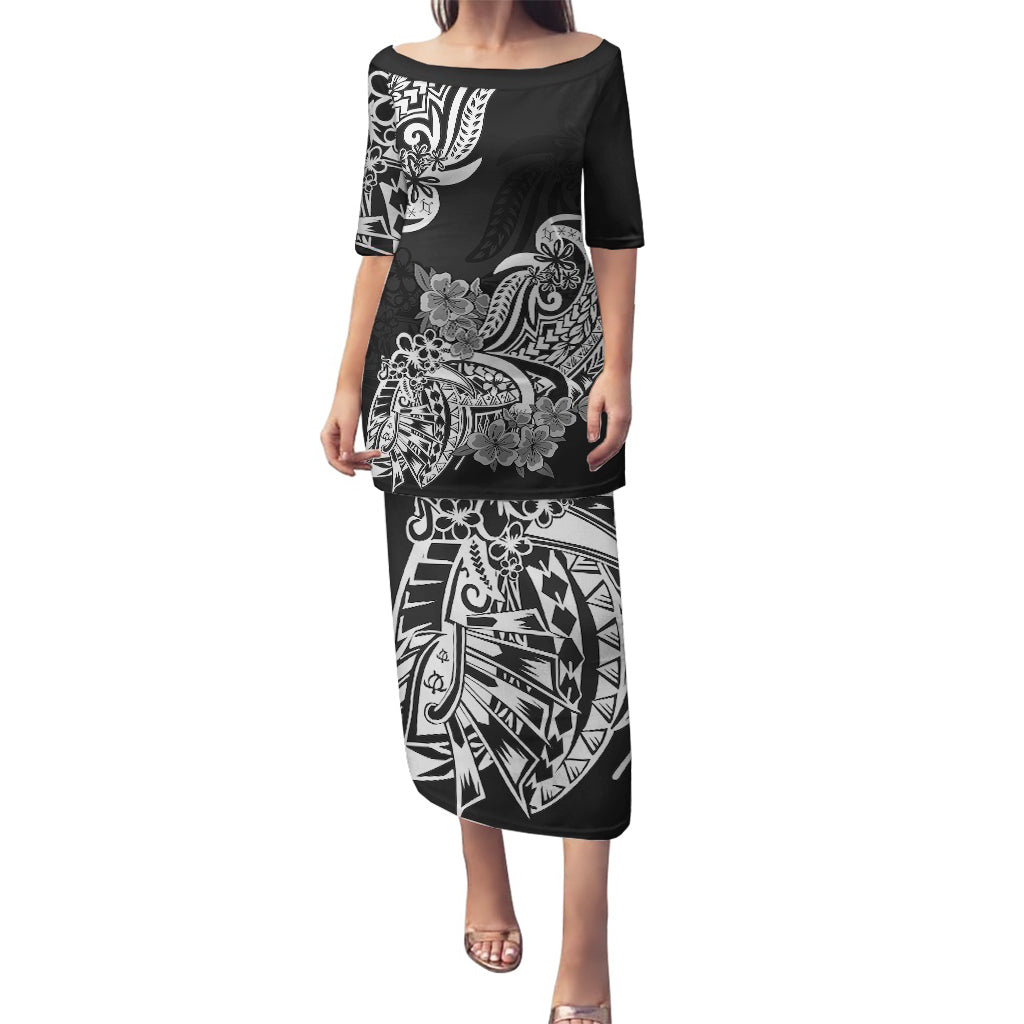 Polynesian Puletasi Pacific Flower Mix Floral Tribal Tattoo Black Vibe LT9 Long Dress Black - Polynesian Pride