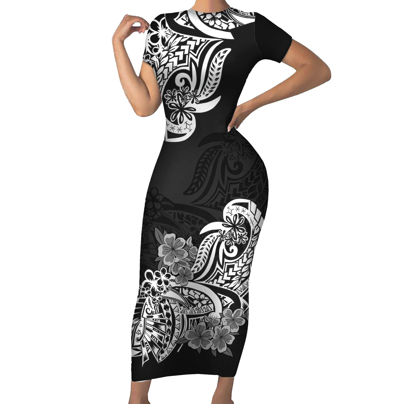 Polynesian Short Sleeve Bodycon Dress Pacific Flower Mix Floral Tribal Tattoo Black Vibe LT9 Long Dress Black - Polynesian Pride