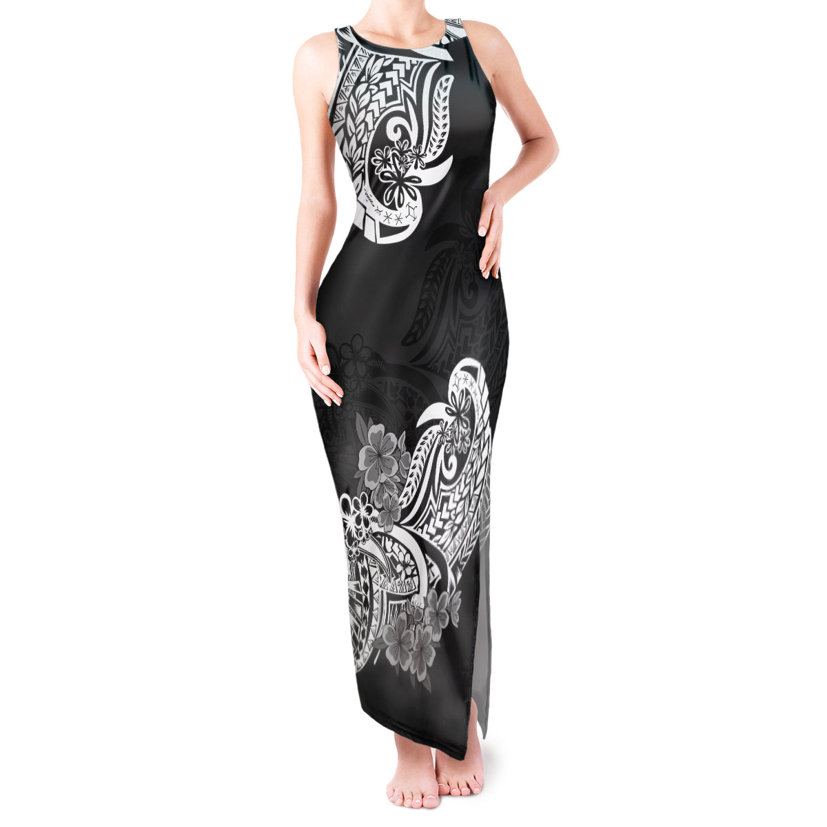 Polynesian Tank Maxi Dress Pacific Flower Mix Floral Tribal Tattoo Black Vibe LT9 Women Black - Polynesian Pride