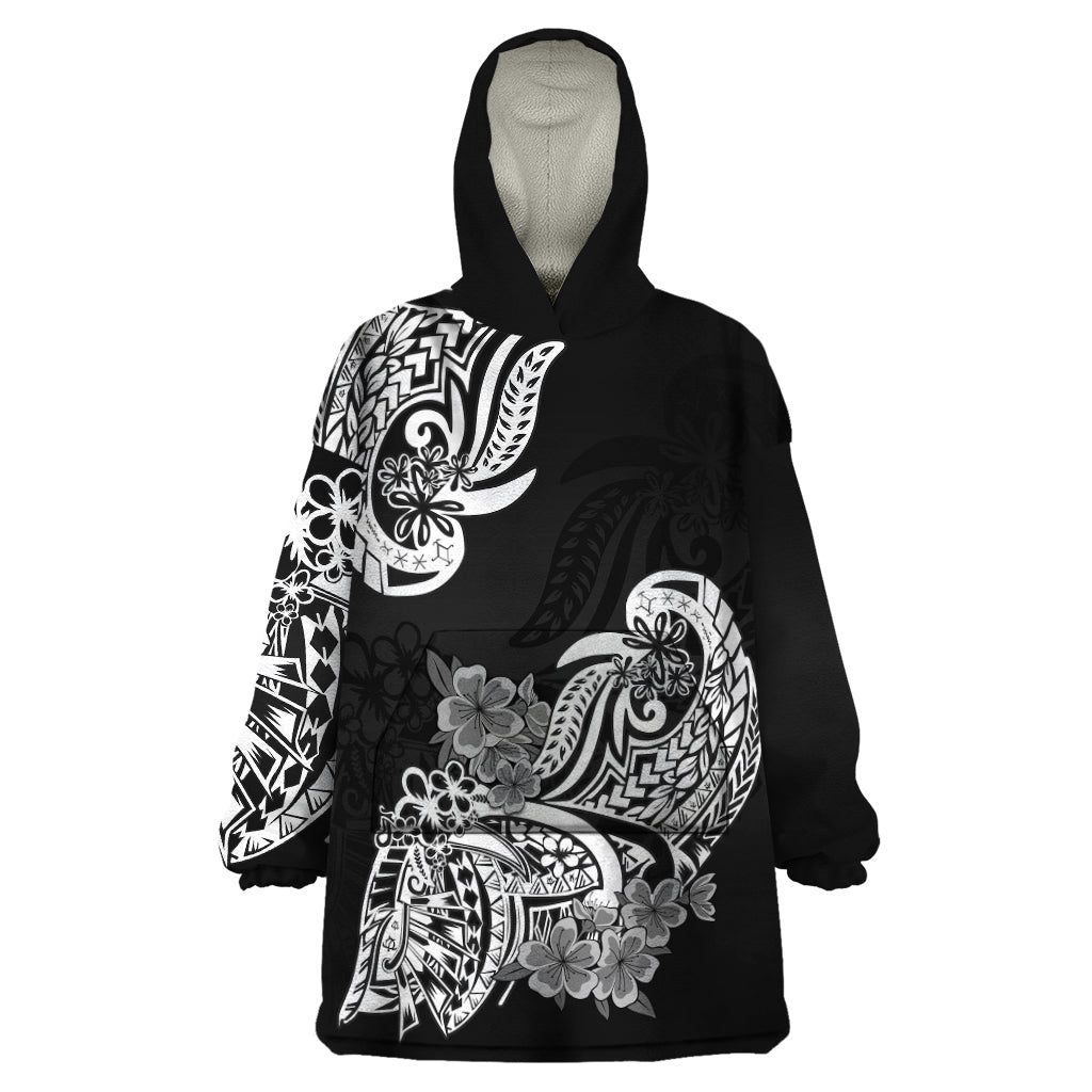 Polynesian Wearable Blanket Hoodie Pacific Flower Mix Floral Tribal Tattoo Black Vibe LT9 One Size Black - Polynesian Pride