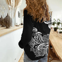 Polynesian Women Casual Shirt Pacific Flower Mix Floral Tribal Tattoo Black Vibe LT9 - Polynesian Pride