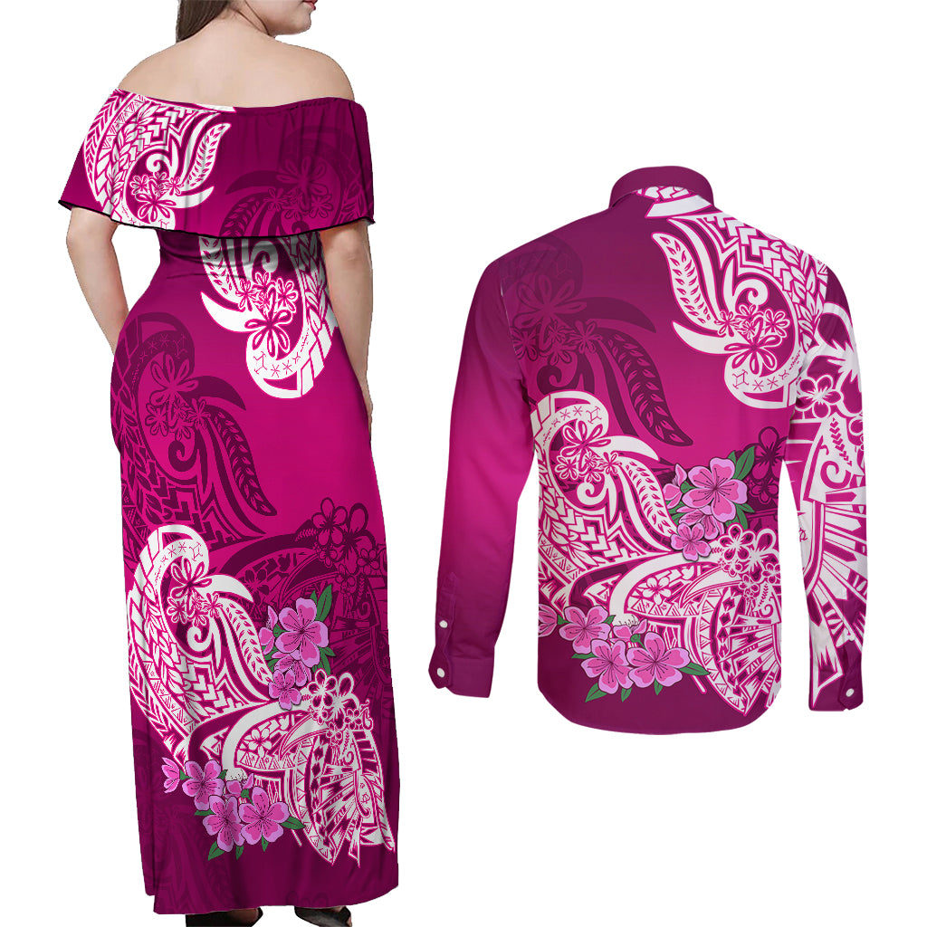 Polynesian Couples Matching Off Shoulder Maxi Dress and Long Sleeve Button Shirts Pacific Flower Mix Floral Tribal Tattoo Pink Vibe LT9 - Polynesian Pride