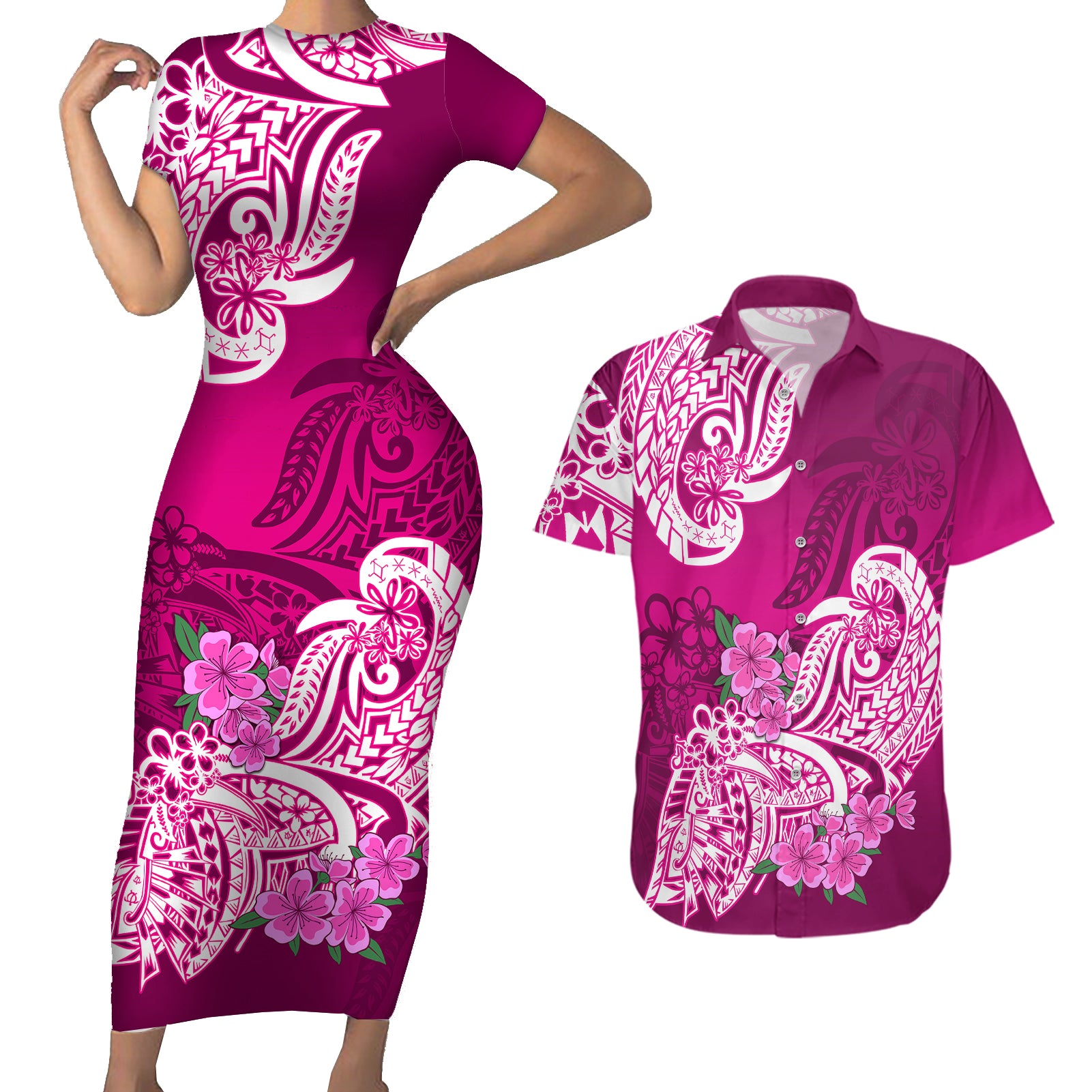 Polynesian Couples Matching Short Sleeve Bodycon Dress and Hawaiian Shirt Pacific Flower Mix Floral Tribal Tattoo Pink Vibe LT9 Pink - Polynesian Pride