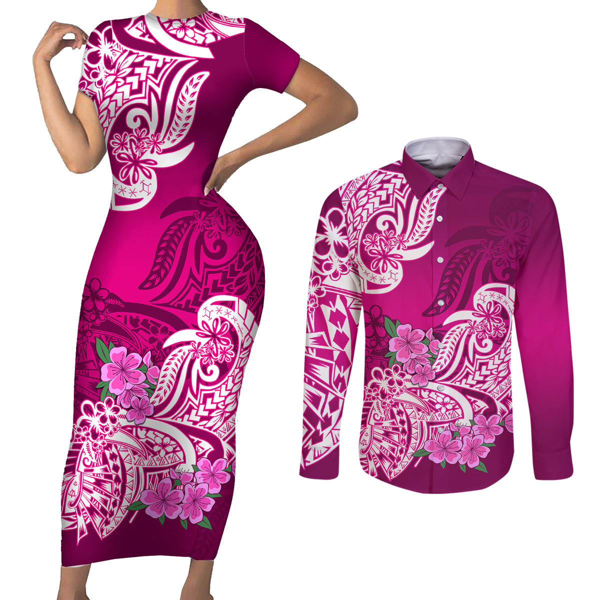 Polynesian Couples Matching Short Sleeve Bodycon Dress and Long Sleeve Button Shirts Pacific Flower Mix Floral Tribal Tattoo Pink Vibe LT9 Pink - Polynesian Pride