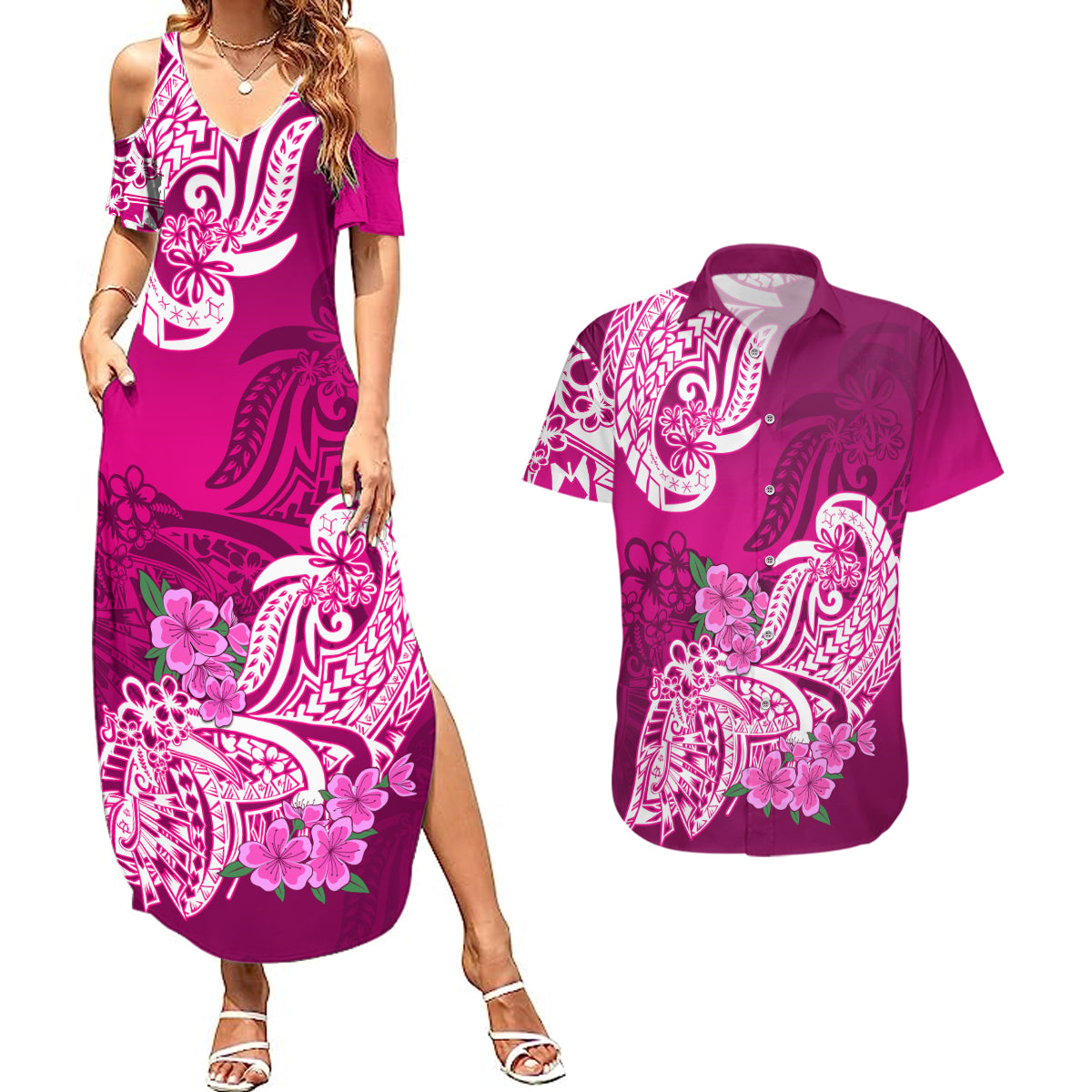 Polynesian Couples Matching Summer Maxi Dress and Hawaiian Shirt Pacific Flower Mix Floral Tribal Tattoo Pink Vibe LT9 Pink - Polynesian Pride