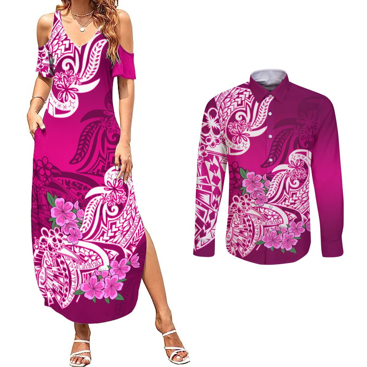 Polynesian Couples Matching Summer Maxi Dress and Long Sleeve Button Shirts Pacific Flower Mix Floral Tribal Tattoo Pink Vibe LT9 Pink - Polynesian Pride