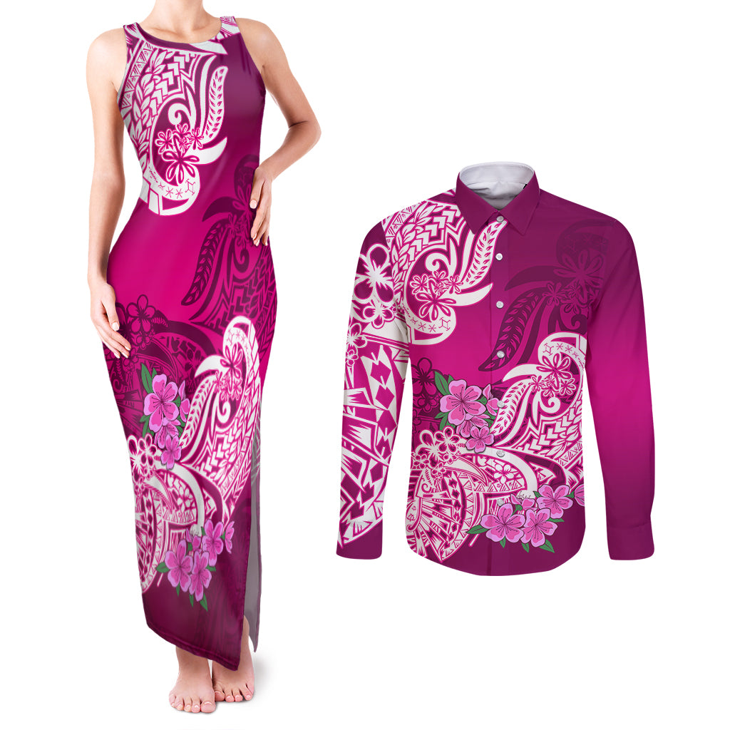 Polynesian Couples Matching Tank Maxi Dress and Long Sleeve Button Shirts Pacific Flower Mix Floral Tribal Tattoo Pink Vibe LT9 Pink - Polynesian Pride