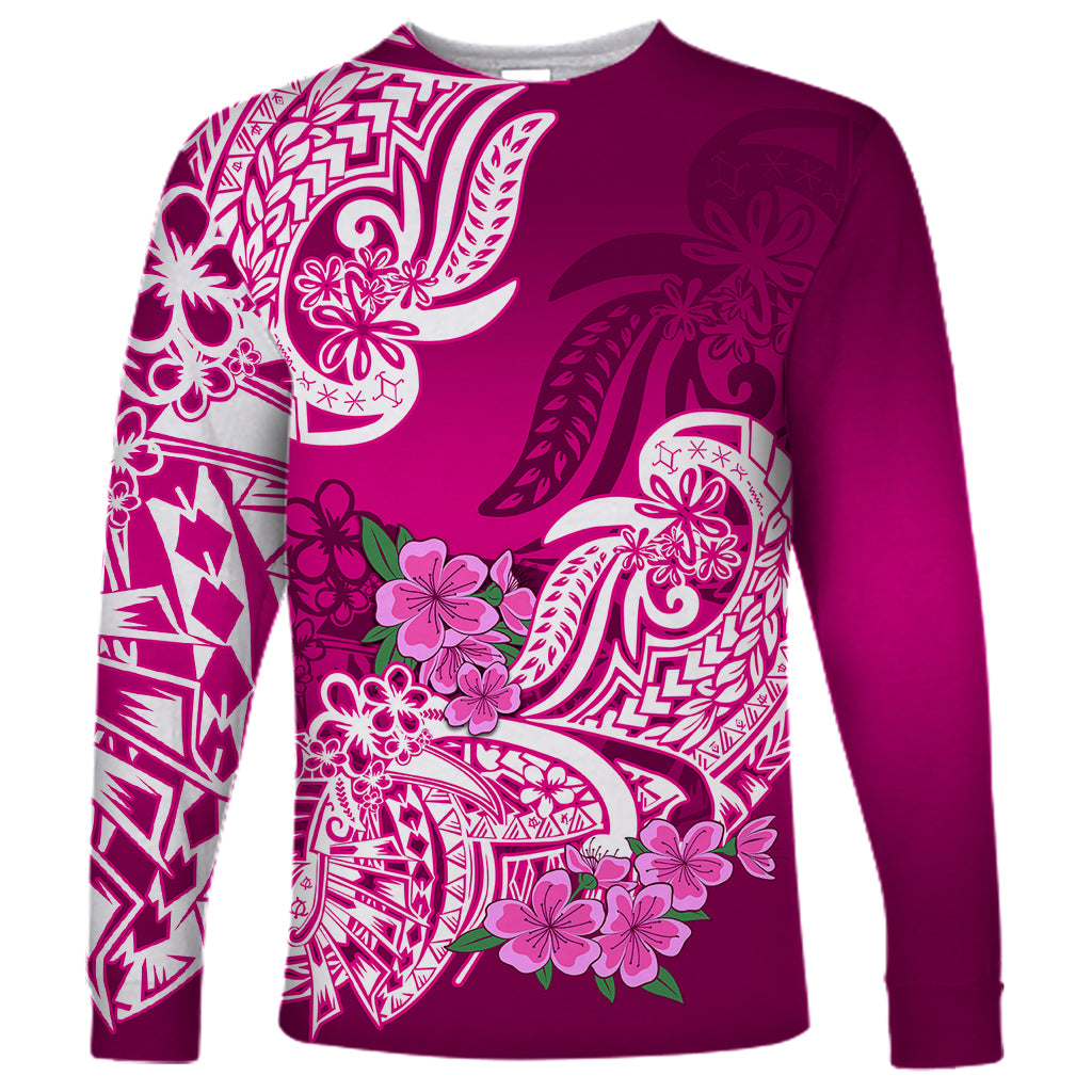 Polynesian Long Sleeve Shirt Pacific Flower Mix Floral Tribal Tattoo Pink Vibe LT9 Unisex Pink - Polynesian Pride