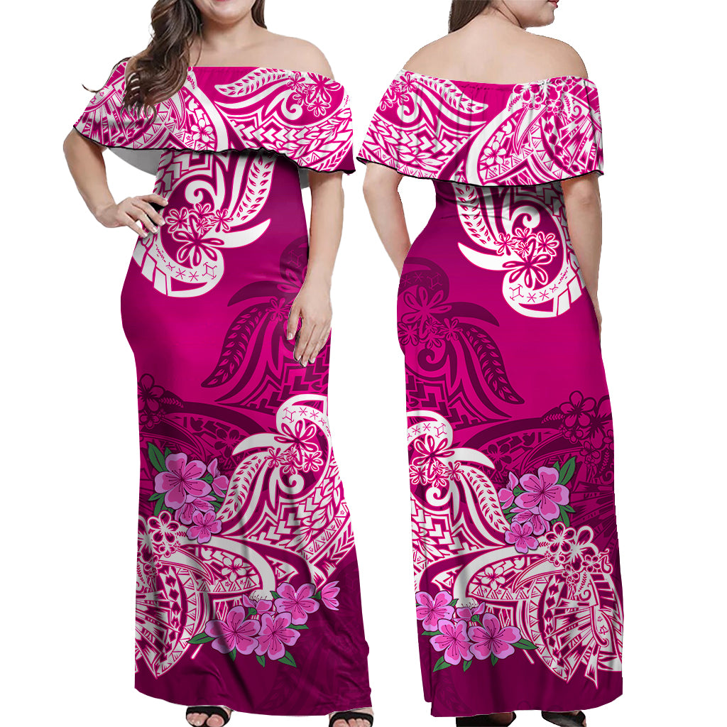 Polynesian Floral Tribal Off Shoulder Long Dress - Pink LT9 - Polynesian Pride