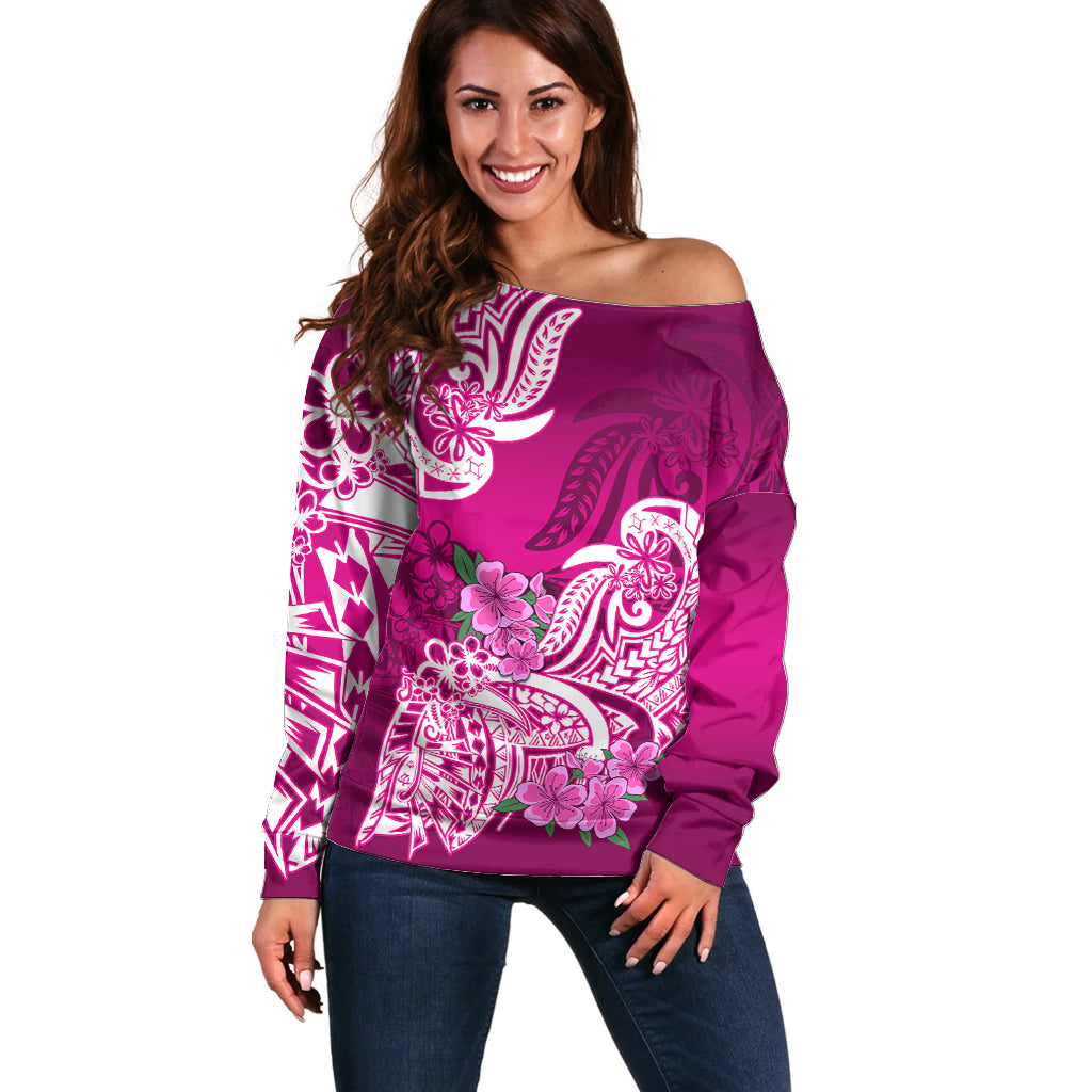 Polynesian Off Shoulder Sweater Pacific Flower Mix Floral Tribal Tattoo Pink Vibe LT9 Women Pink - Polynesian Pride