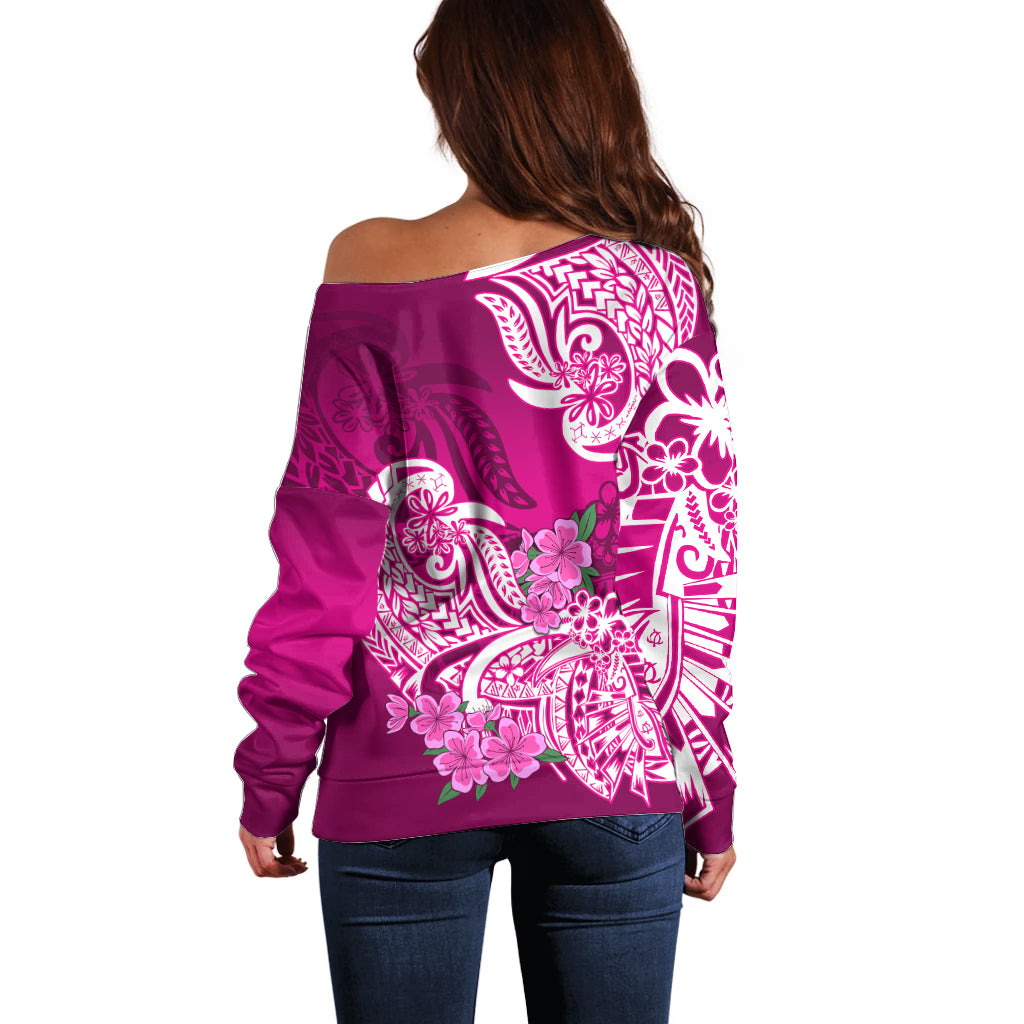 Polynesian Off Shoulder Sweater Pacific Flower Mix Floral Tribal Tattoo Pink Vibe LT9 - Polynesian Pride