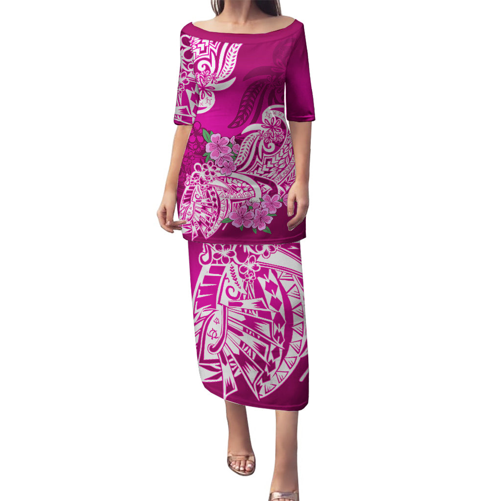 Polynesian Puletasi Pacific Flower Mix Floral Tribal Tattoo Pink Vibe LT9 Long Dress Pink - Polynesian Pride