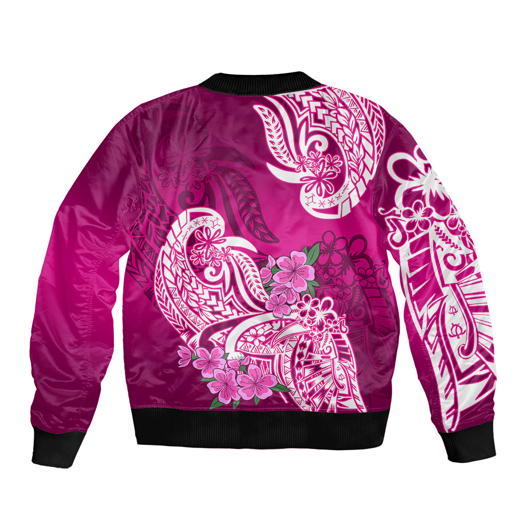 Polynesian Sleeve Zip Bomber Jacket Pacific Flower Mix Floral Tribal Tattoo Pink Vibe LT9 - Polynesian Pride
