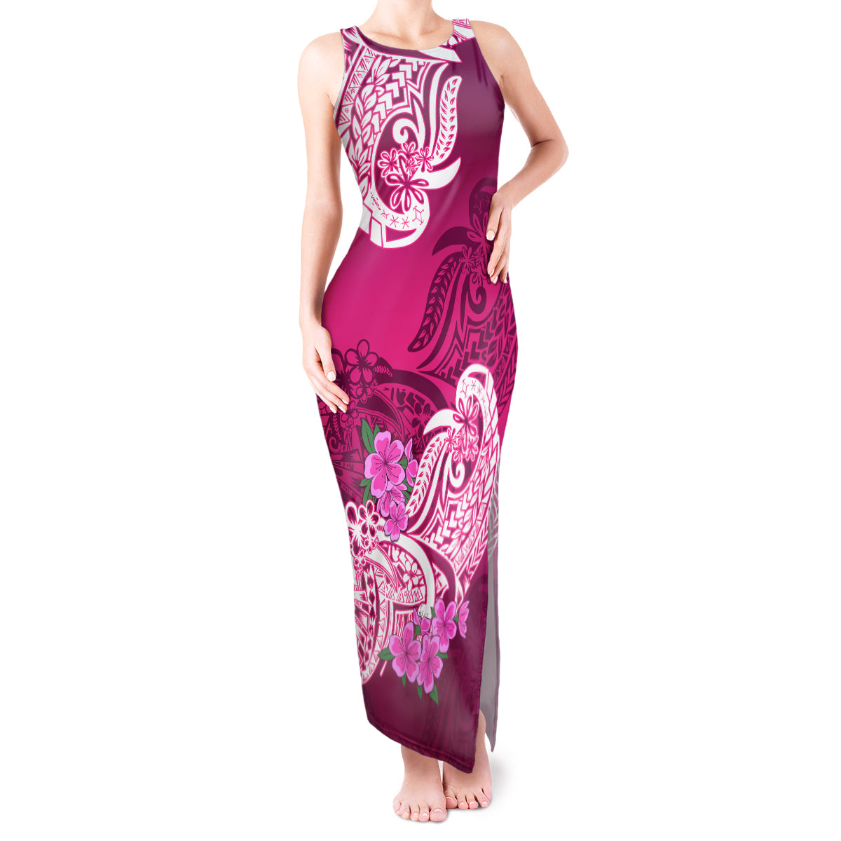 Polynesian Tank Maxi Dress Pacific Flower Mix Floral Tribal Tattoo Pink Vibe LT9 Women Pink - Polynesian Pride