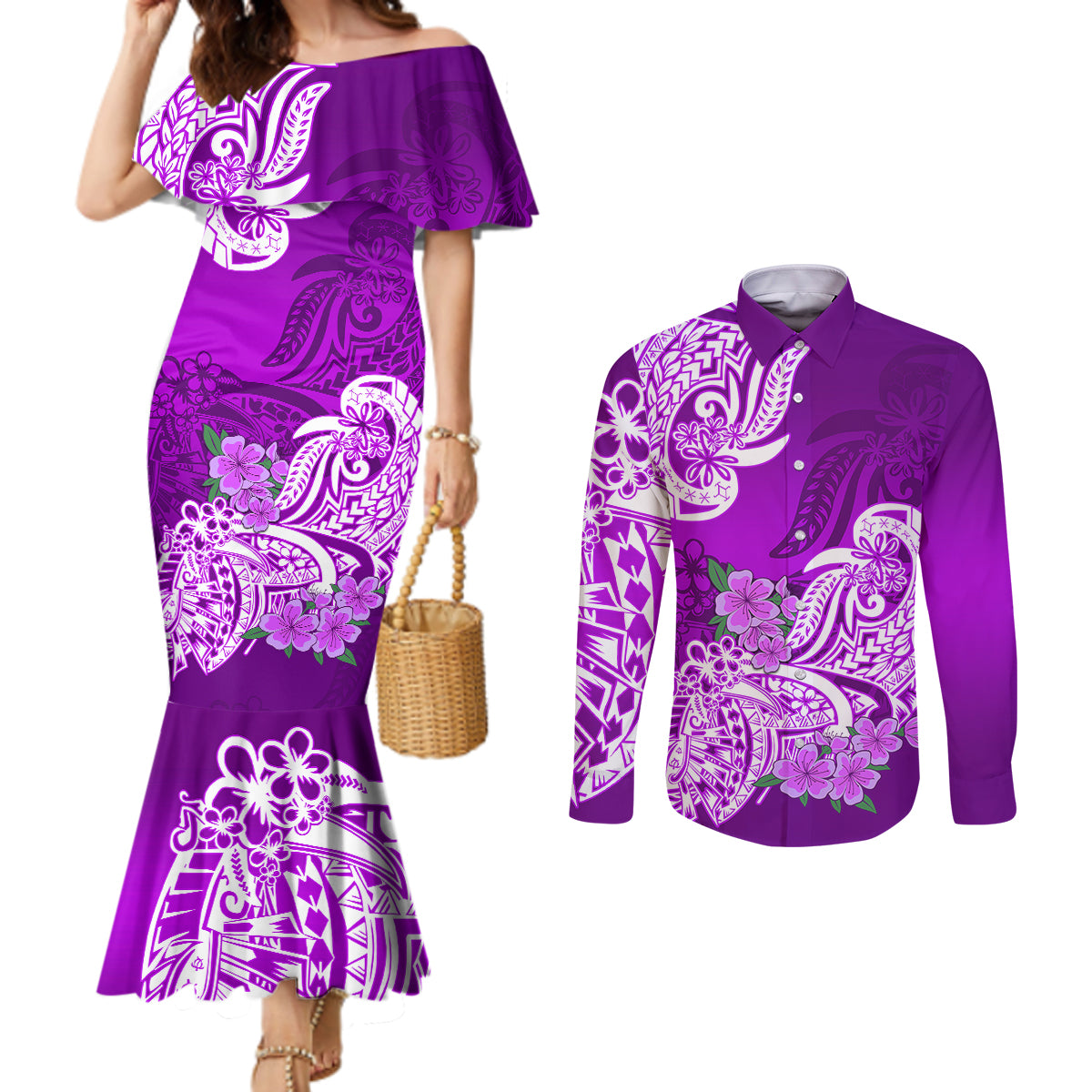 Polynesian Couples Matching Mermaid Dress and Long Sleeve Button Shirts Pacific Flower Mix Floral Tribal Tattoo Purple Vibe LT9 Purple - Polynesian Pride