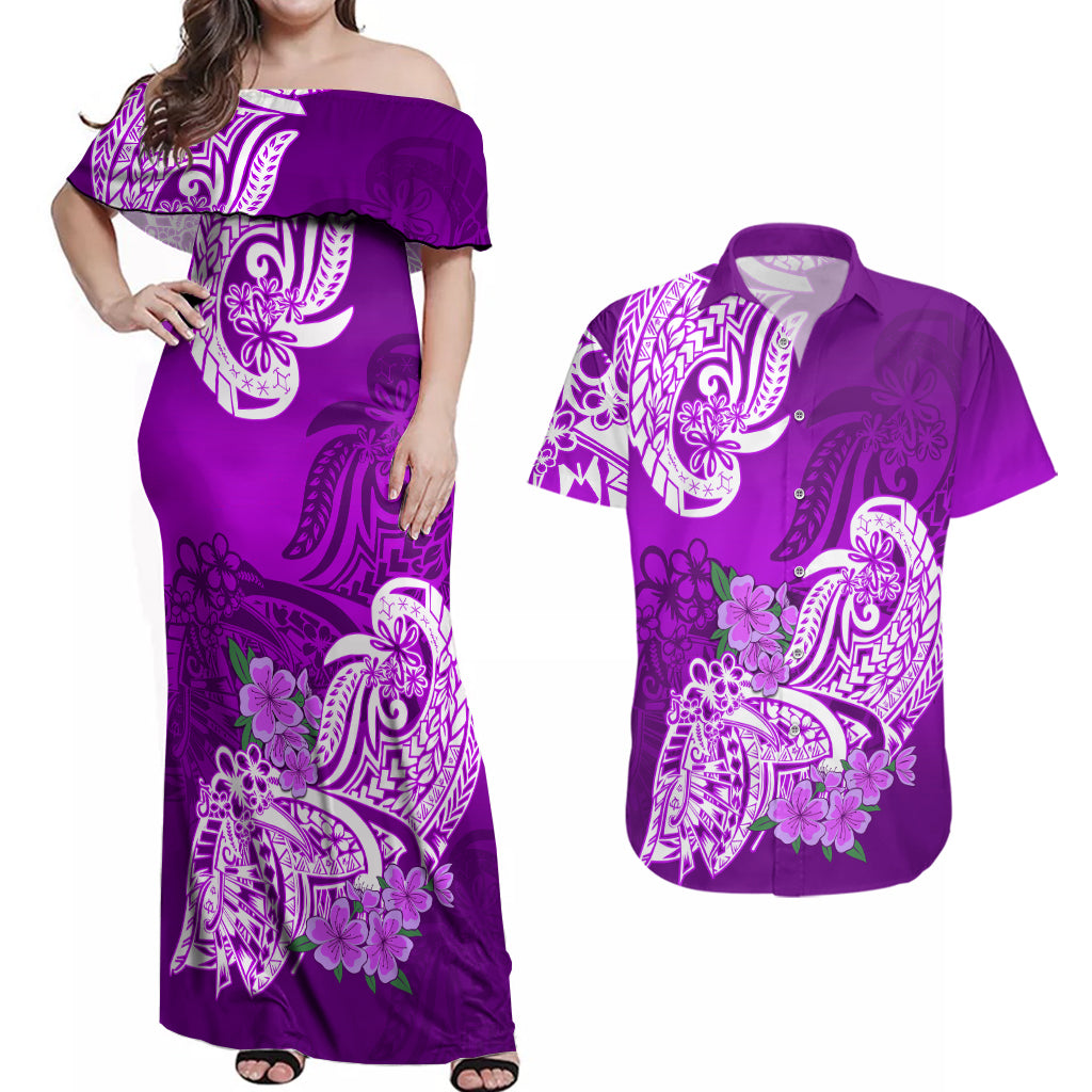 Polynesian Couples Matching Off Shoulder Maxi Dress and Hawaiian Shirt Pacific Flower Mix Floral Tribal Tattoo Purple Vibe LT9 Purple - Polynesian Pride