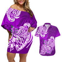 Polynesian Couples Matching Off Shoulder Short Dress and Hawaiian Shirt Pacific Flower Mix Floral Tribal Tattoo Purple Vibe LT9 Purple - Polynesian Pride