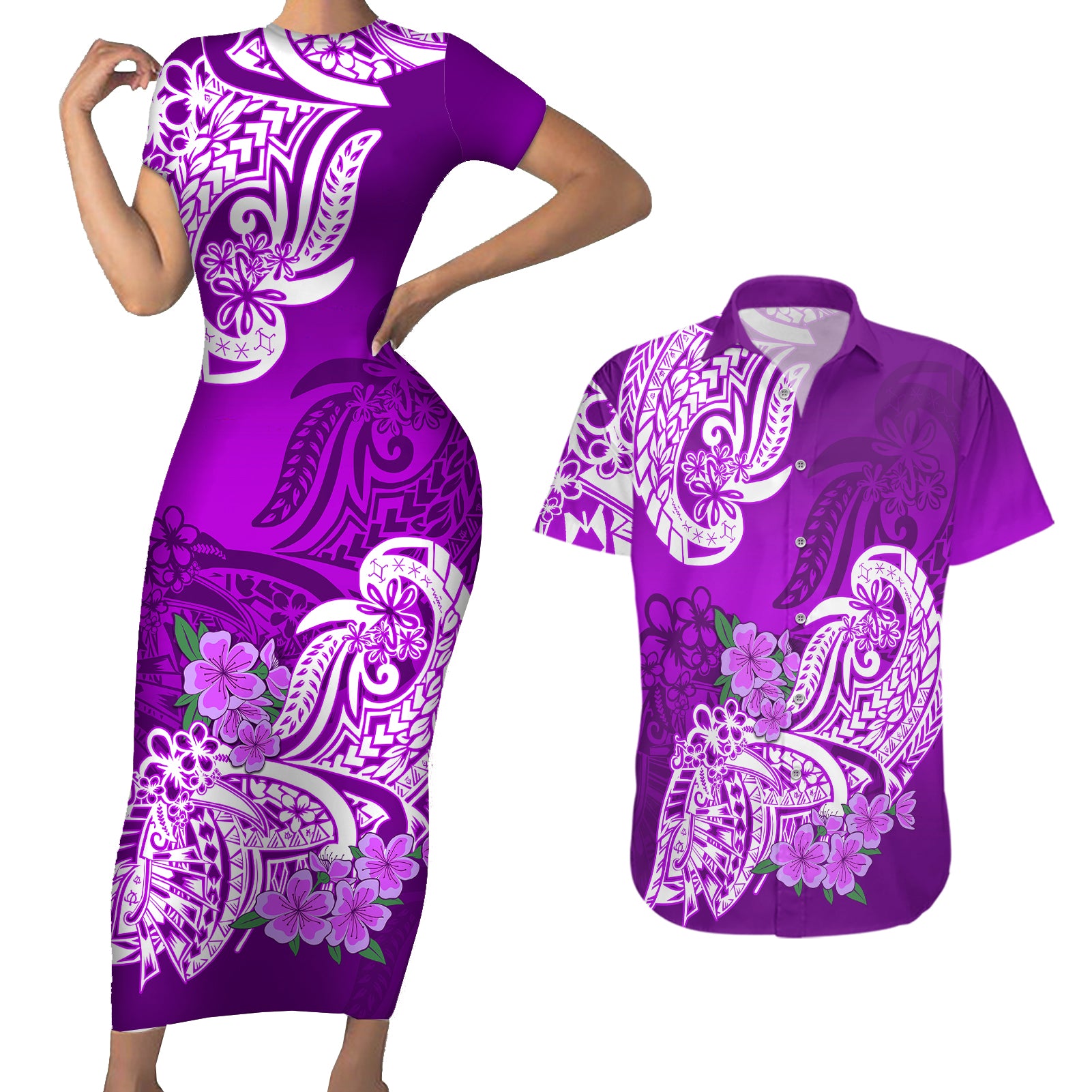 Polynesian Couples Matching Short Sleeve Bodycon Dress and Hawaiian Shirt Pacific Flower Mix Floral Tribal Tattoo Purple Vibe LT9 Purple - Polynesian Pride