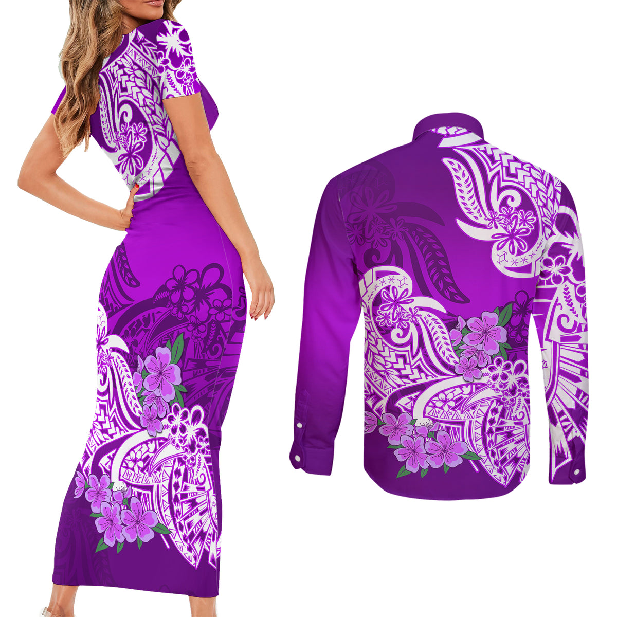 Polynesian Couples Matching Short Sleeve Bodycon Dress and Long Sleeve Button Shirts Pacific Flower Mix Floral Tribal Tattoo Purple Vibe LT9 - Polynesian Pride