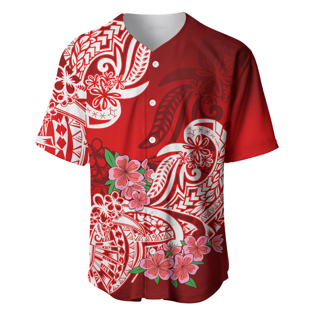 Polynesian Baseball Jersey Pacific Flower Mix Floral Tribal Tattoo Red Vibe LT9 Red - Polynesian Pride