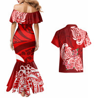 Polynesian Couples Matching Mermaid Dress And Hawaiian Shirt Pacific Flower Mix Floral Tribal Tattoo Red Vibe LT9 - Polynesian Pride