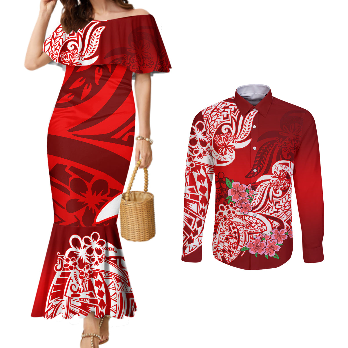 Polynesian Couples Matching Mermaid Dress and Long Sleeve Button Shirts Pacific Flower Mix Floral Tribal Tattoo Red Vibe LT9 Red - Polynesian Pride