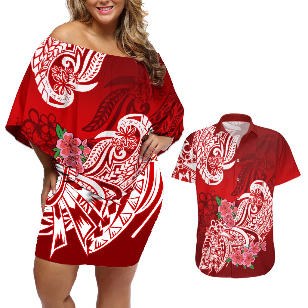 Polynesian Couples Matching Off Shoulder Short Dress and Hawaiian Shirt Pacific Flower Mix Floral Tribal Tattoo Red Vibe LT9 Red - Polynesian Pride