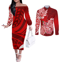 Polynesian Couples Matching Off The Shoulder Long Sleeve Dress and Long Sleeve Button Shirts Pacific Flower Mix Floral Tribal Tattoo Red Vibe LT9 Red - Polynesian Pride