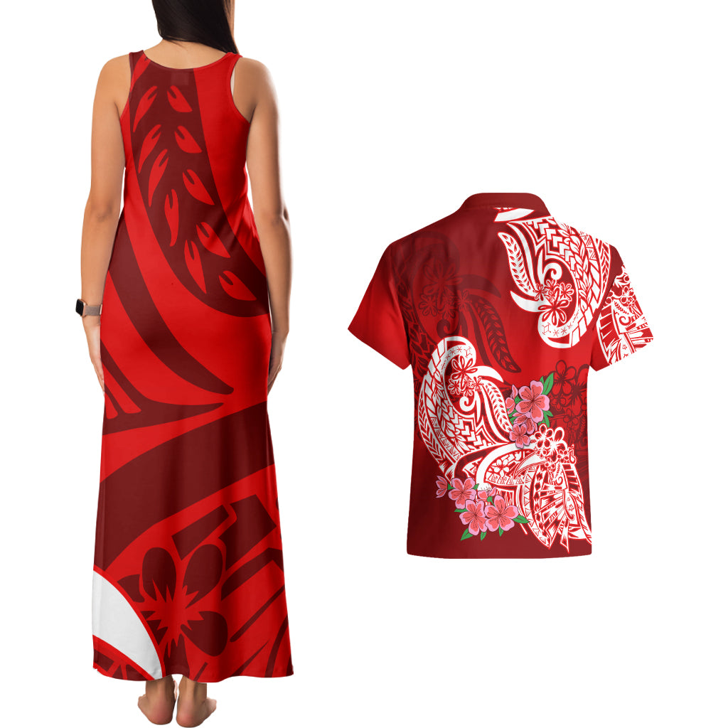 Polynesian Couples Matching Tank Maxi Dress And Hawaiian Shirt Pacific Flower Mix Floral Tribal Tattoo Red Vibe LT9 - Polynesian Pride