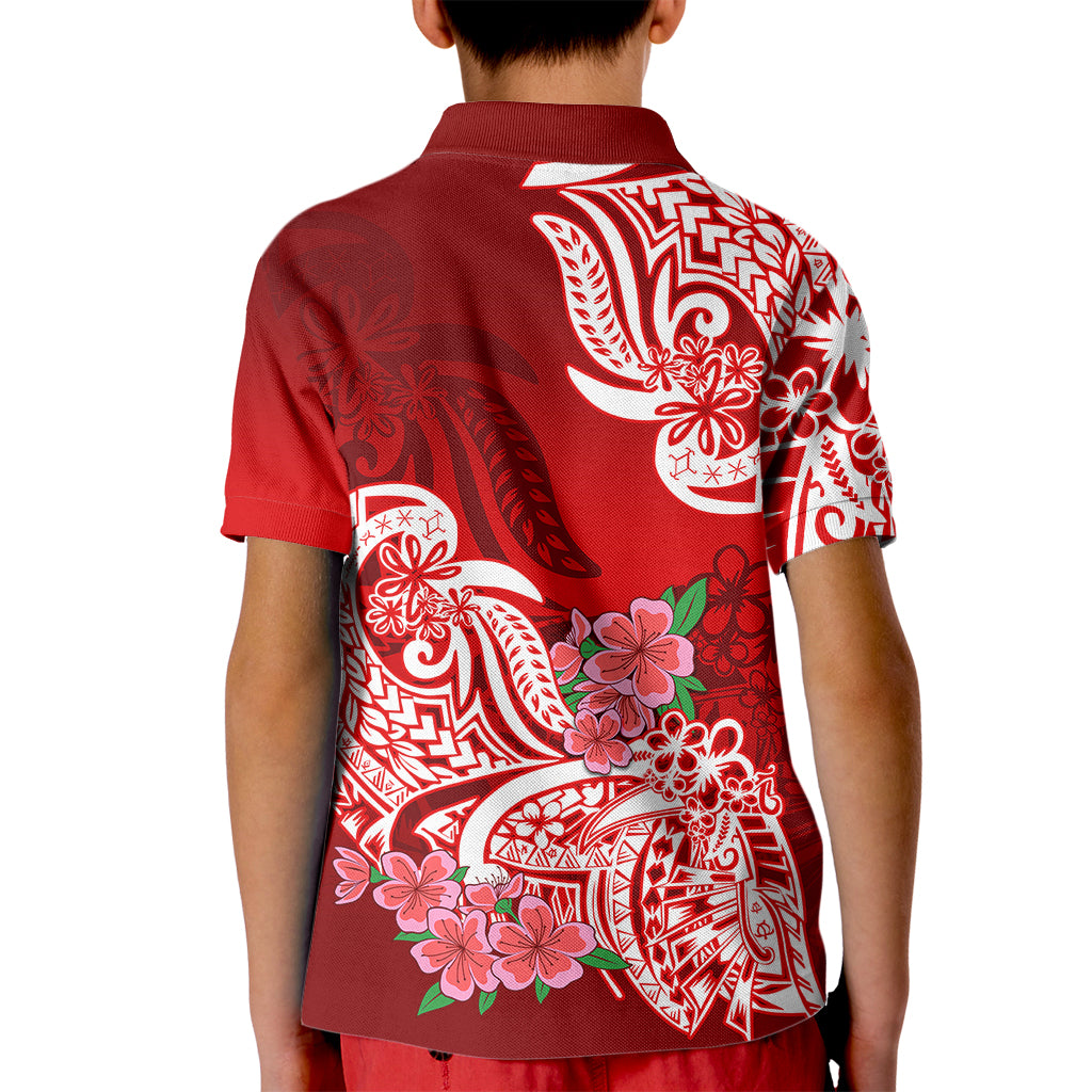 Polynesian Kid Polo Shirt Pacific Flower Mix Floral Tribal Tattoo Red Vibe LT9 - Polynesian Pride