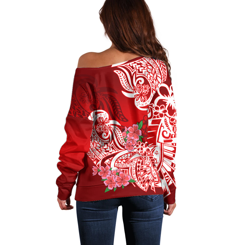Polynesian Off Shoulder Sweater Pacific Flower Mix Floral Tribal Tattoo Red Vibe LT9 - Polynesian Pride