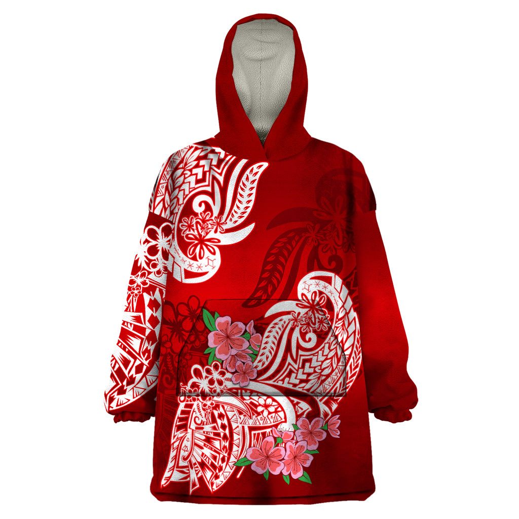 Polynesian Wearable Blanket Hoodie Pacific Flower Mix Floral Tribal Tattoo Red Vibe LT9 One Size Red - Polynesian Pride