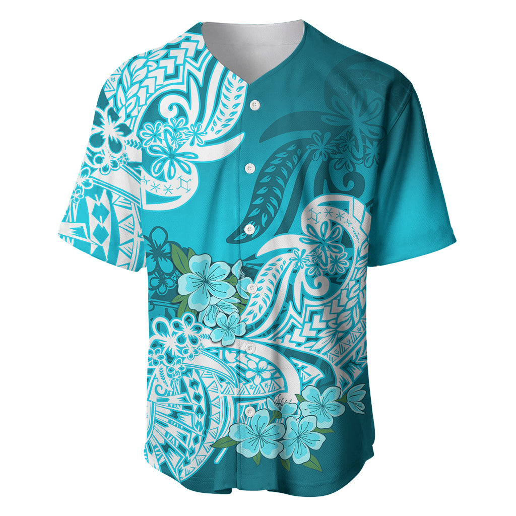 Polynesian Baseball Jersey Pacific Flower Mix Floral Tribal Tattoo Aqua Vibe LT9 Aqua - Polynesian Pride