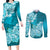 Polynesian Couples Matching Long Sleeve Bodycon Dress and Long Sleeve Button Shirts Pacific Flower Mix Floral Tribal Tattoo Aqua Vibe LT9 Aqua - Polynesian Pride